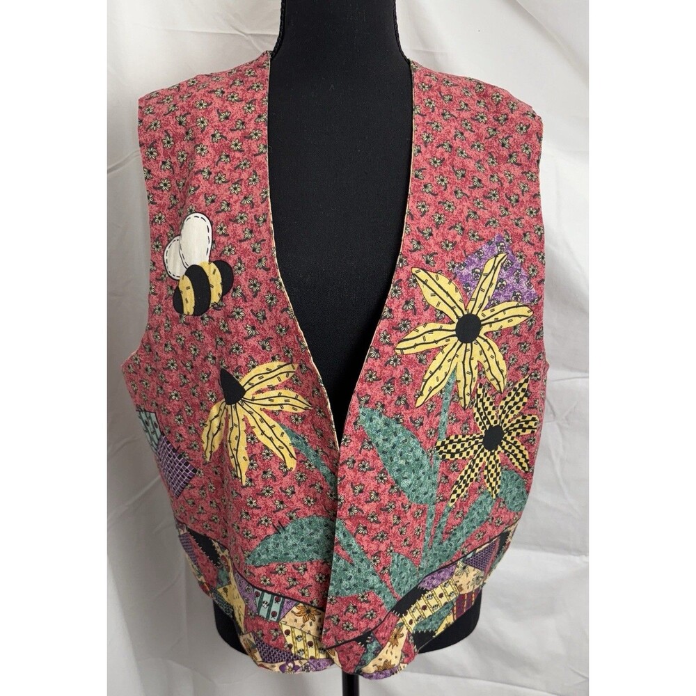 Handmade Reversible Cotton Vest Appliqué Floral Folk Art Patchwork Cottegecore